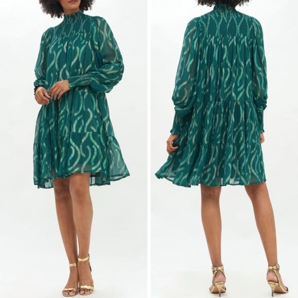 Oliphant Smocked Neck Mini Dress Size Medium Green Flowy Aurora Metallic Shimmer - Picture 1 of 16